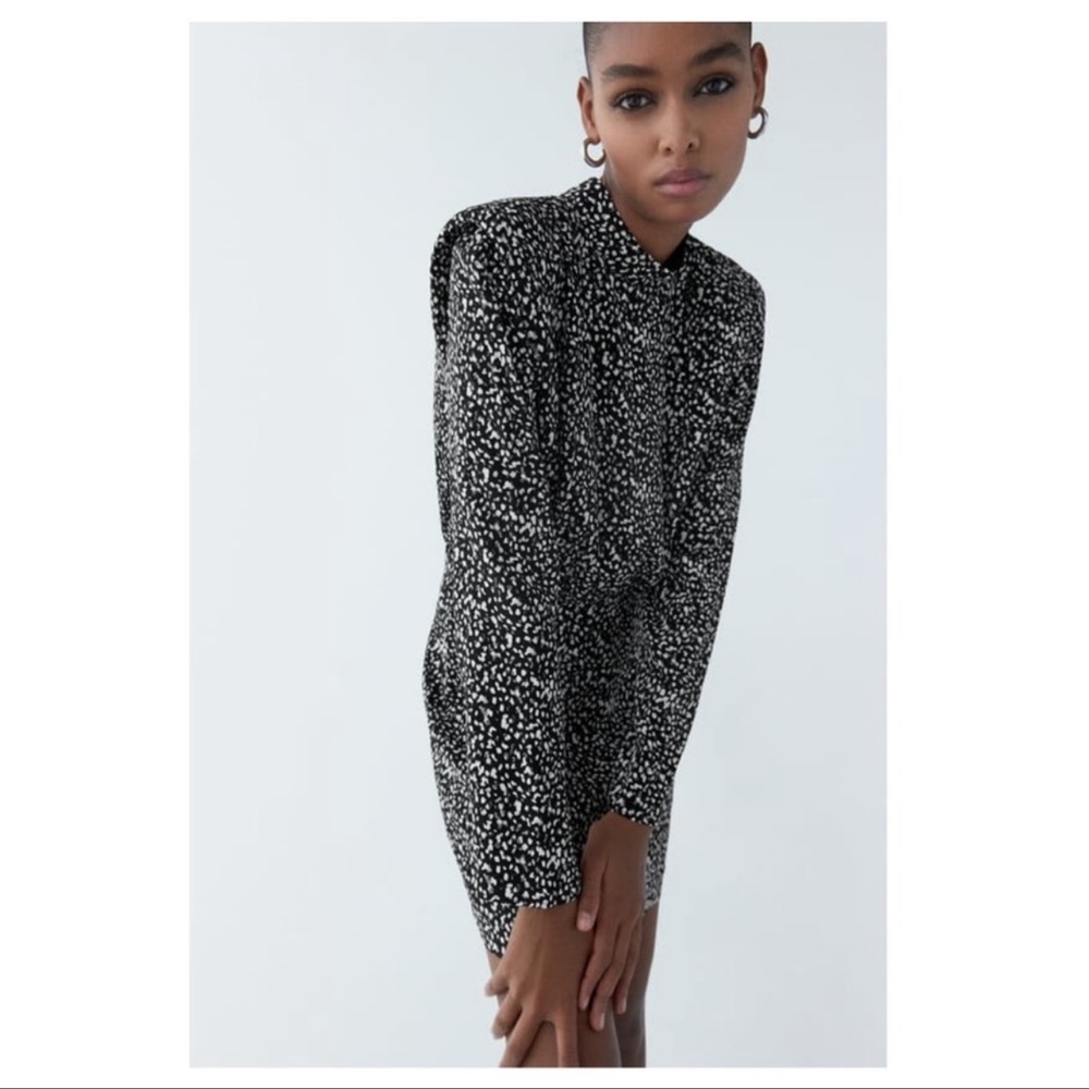 Zara printed long sleeve dress with padded shoulders